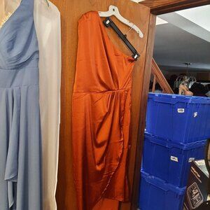 NEW ! Lyaner One Shoulder High Split Sleeveless Ruched Maxi Long Dress Brown XL